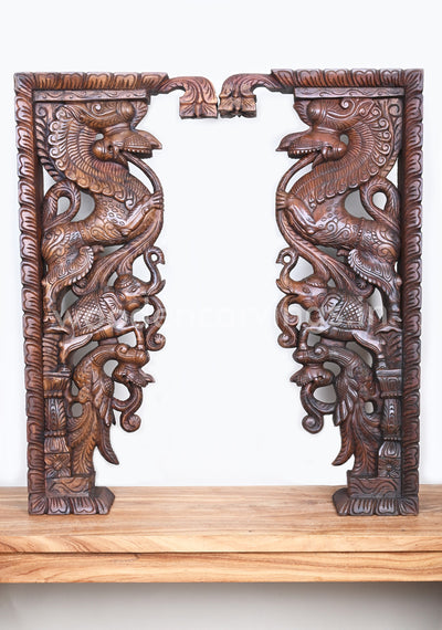 Stunning Decorative Ancient Animal Yaazhi Paired Wooden Home Decor Wall Mounts 35"