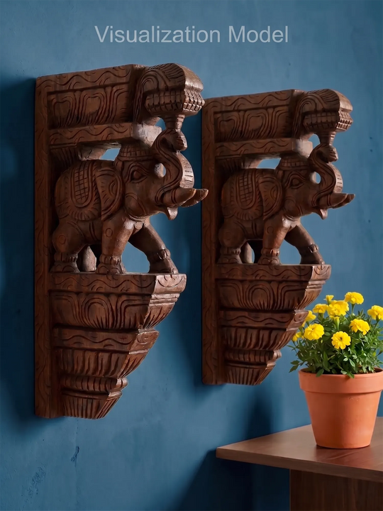 Traditional Wooden Elephant Brackets Pair – Hand Carved Corbel 15"