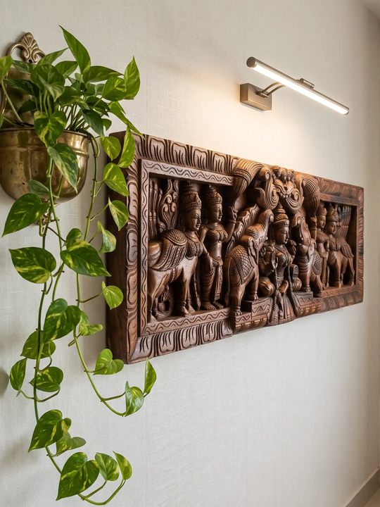 Wooden Gajalakshmi Panel with Kamadhenu -  Handmade Wall Art 36''