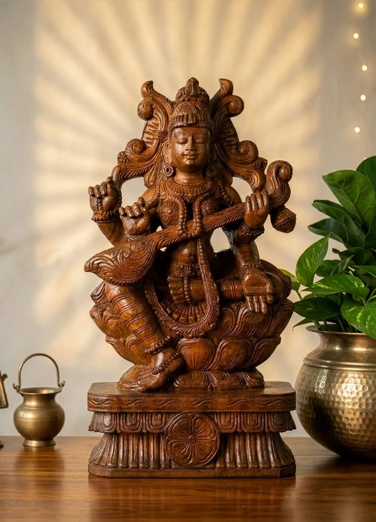 Wooden goddess saraswathi idol