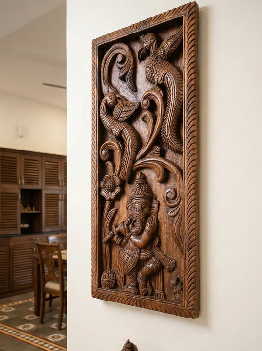 Wooden Nritya Ganapati with Divine Birds wall mount panels 24"