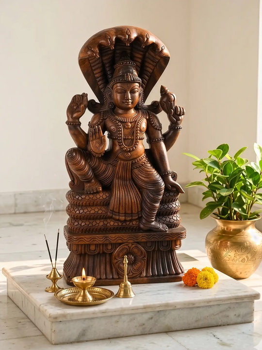 Handcrafted Wooden Lord Vishnu Statue with Adisesha | Traditional Hindu God Idol 24"