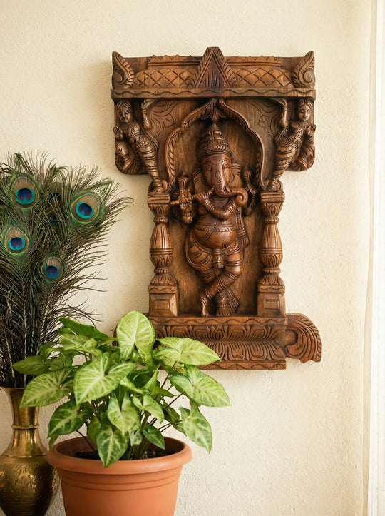 Wooden Temple Style Ganesha Wall Sculpture 18"