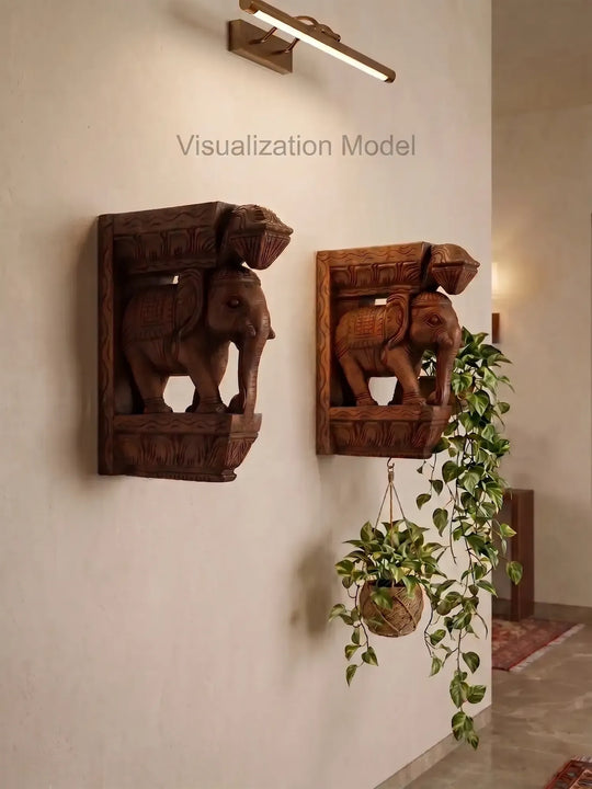 Hand-Carved Wooden Elephant Wall Bracket | Traditional Corbel 10"