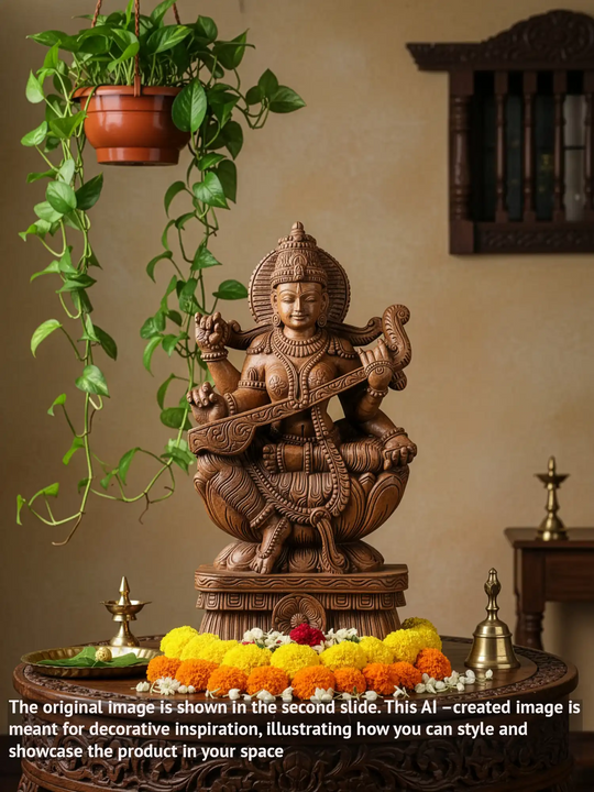 wooden Saraswati with Veena Statue