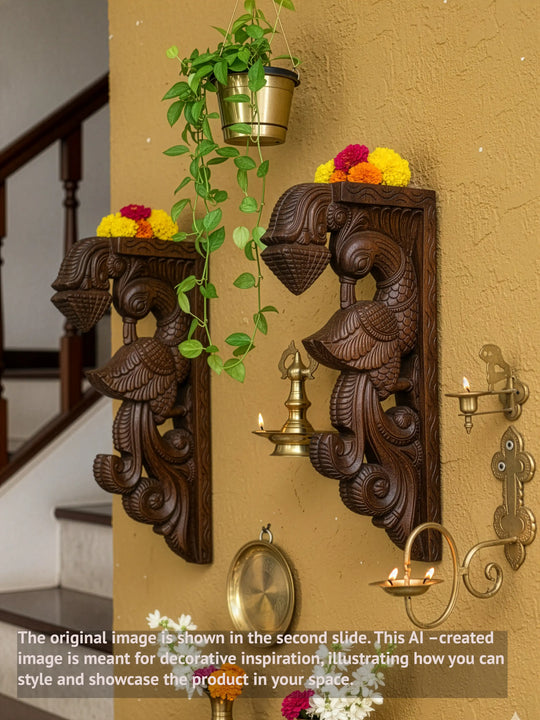 Twin Peacock Wooden Wall Bracket