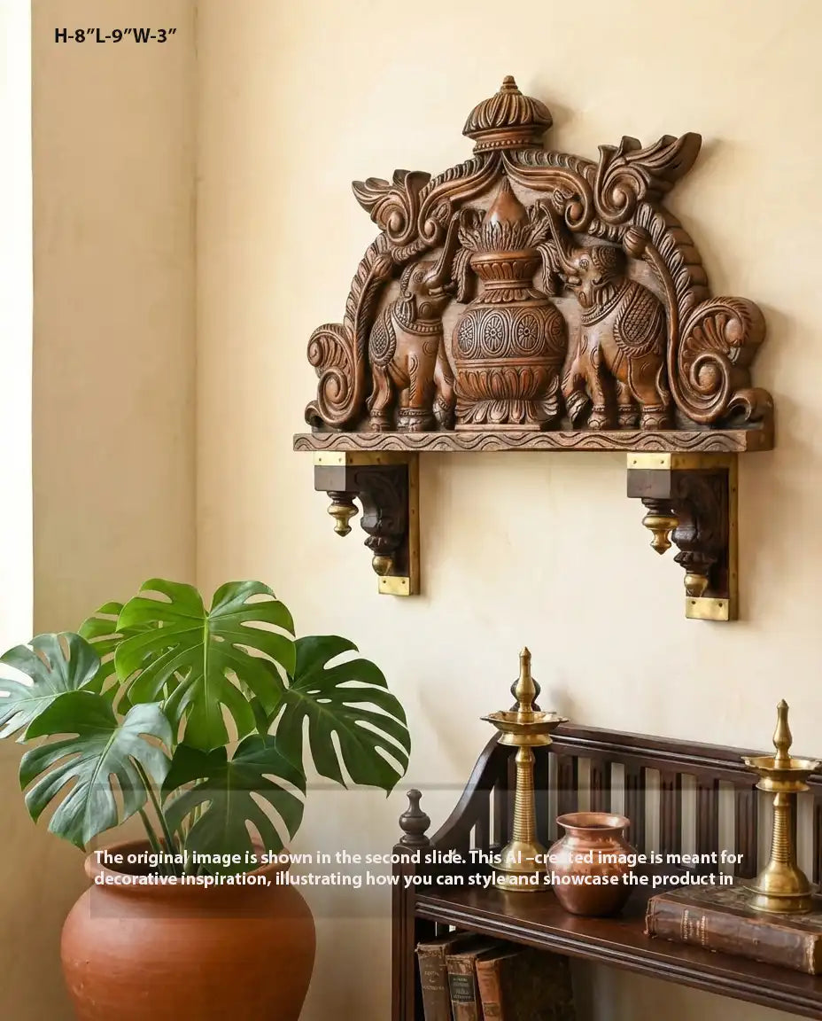 WoodenTwin Elephants with Kalasha Wooden Wall Panel 