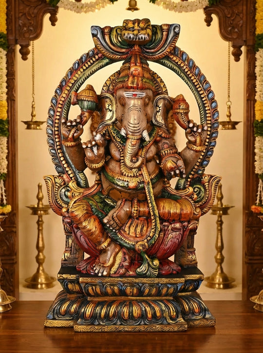 Divine Multicolour Arch Ganapathi Statue on Lotus 35"