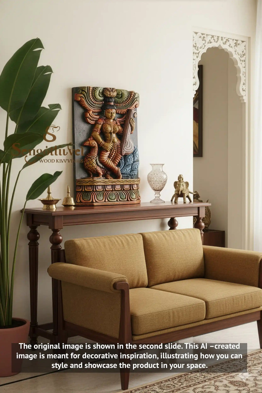 wooden goddess saraswathi holding veena wall mount 