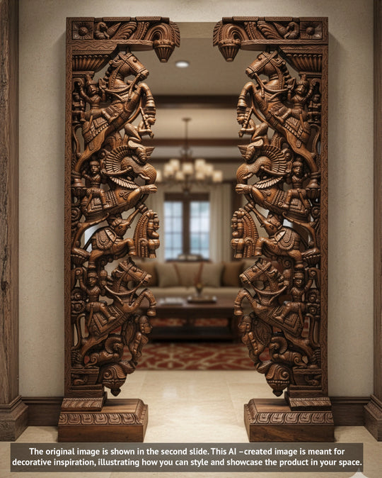 Pair of wooden horse & Yali warrior door brackets