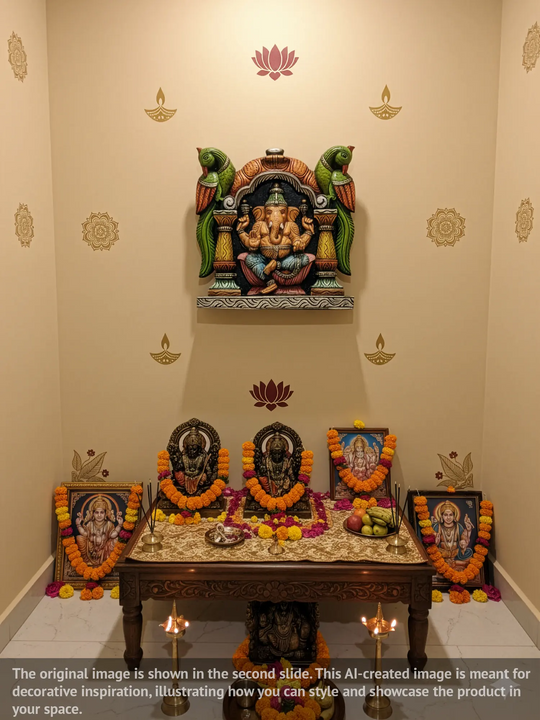 Hand-Painted Ganesh Wall Hanging with Parrots 12"