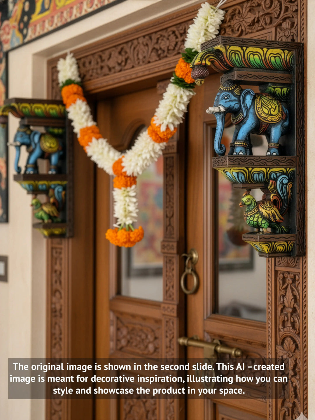 wooden elephant with hamsa wall brackets