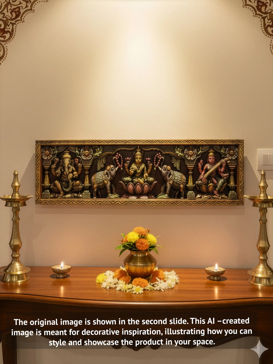 wooden Gajalakshmi panel with ganesh and saraswathi