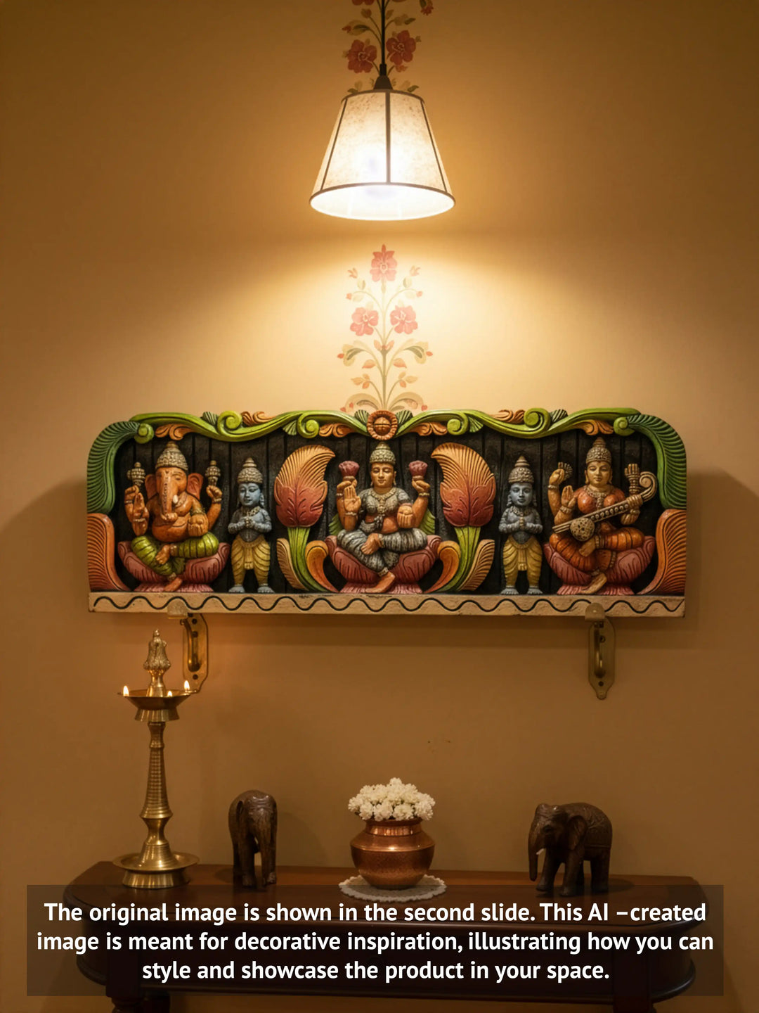 Wooden panel of Ganesha, Lakshmi, and Saraswati
