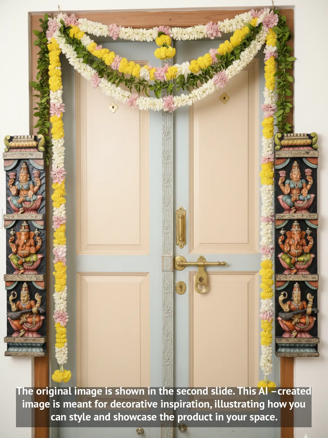 Wooden panel of Ganesh, Lakshmi, and Saraswathi 