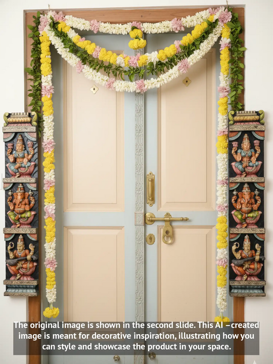 Wooden panel of Ganesh, Lakshmi, and Saraswathi 