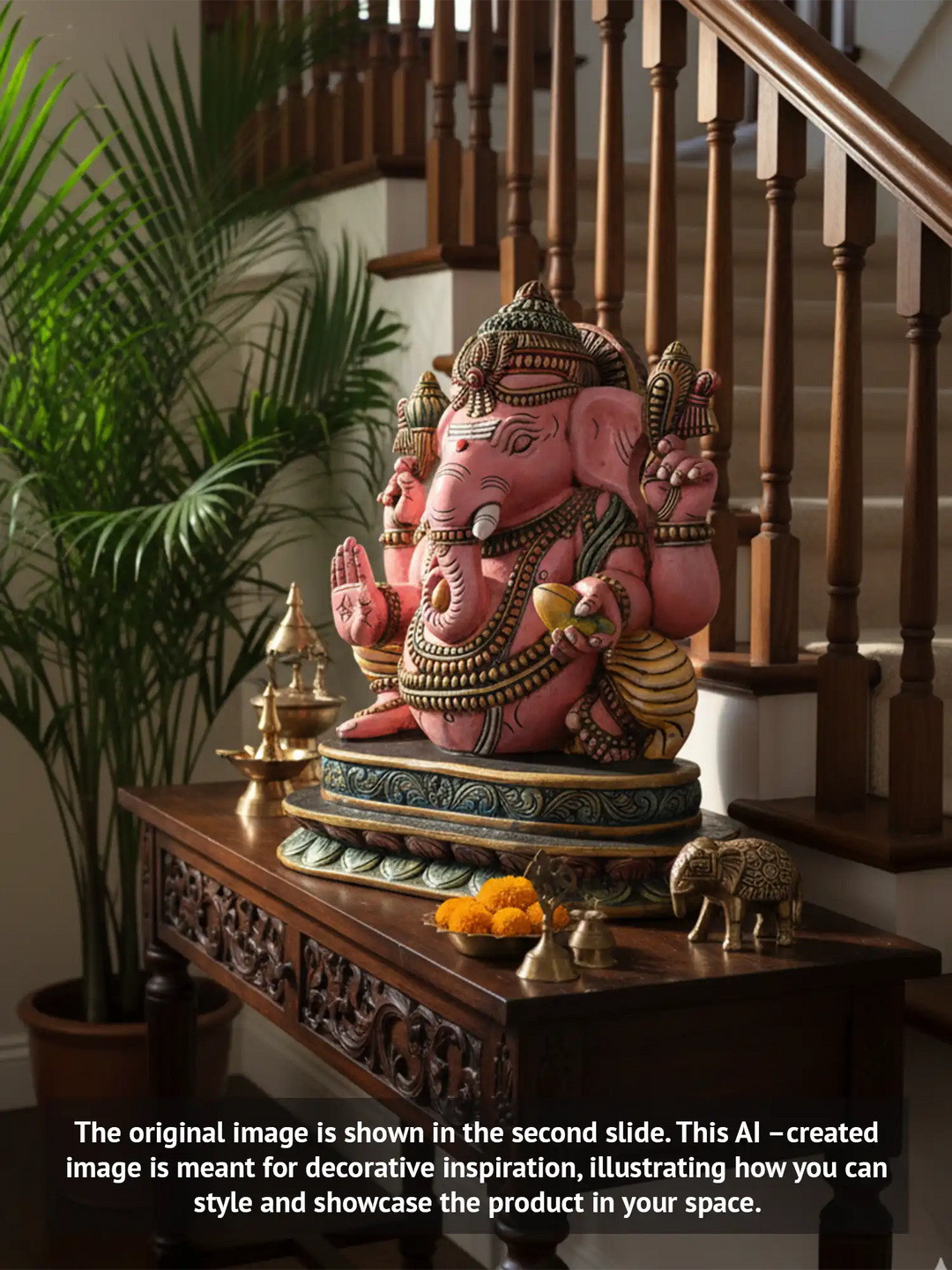 Beautiful Pink Ganapathi Wooden Sculpture 