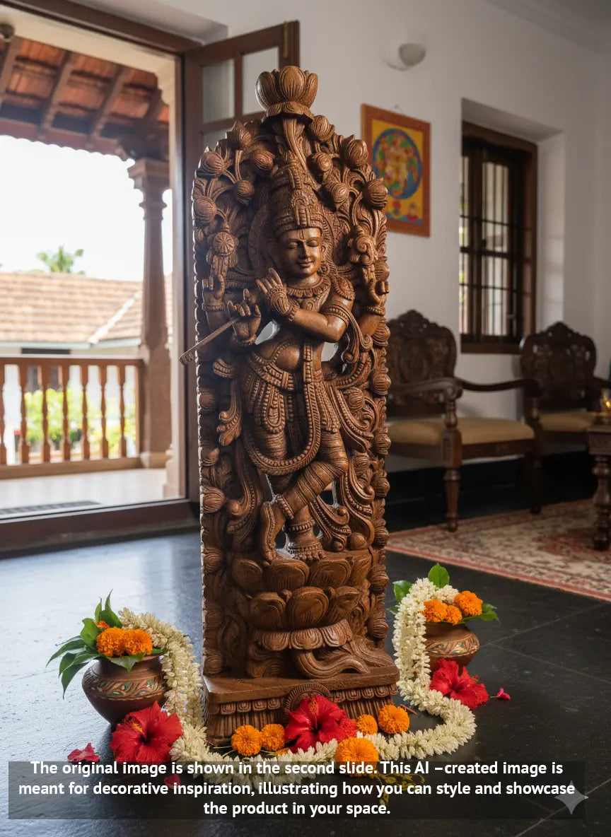 wooden joliwork krishna statue