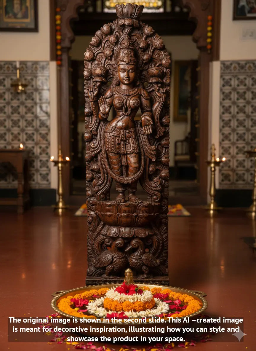 Wooden  Goddess Maha Lakshmi Standing On Lotus