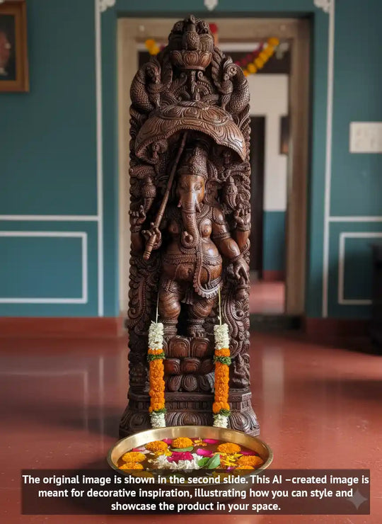 Murthi Ganesha on Double Petal Lotus Holding Umbrella 