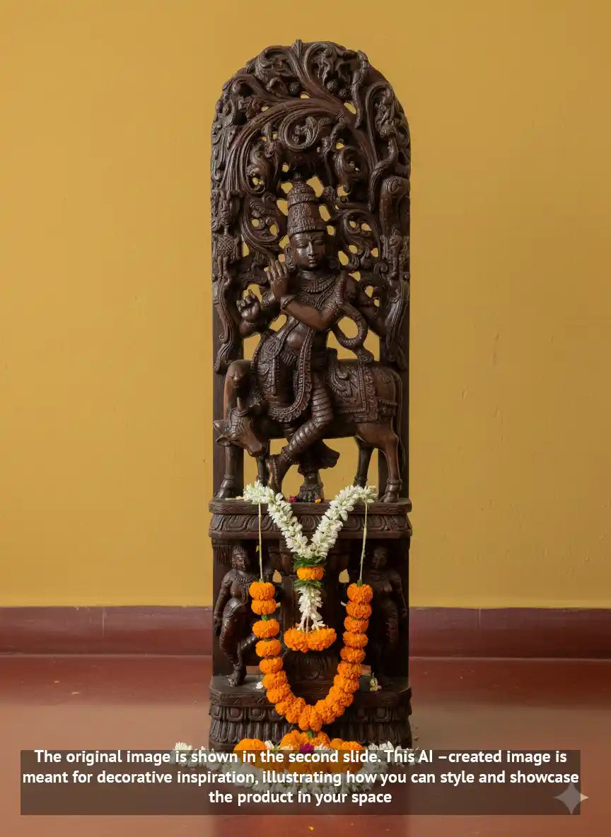Wooden Krishna with Flute & Cow 