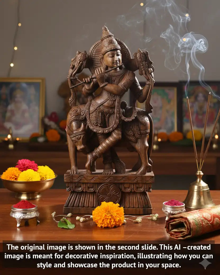 Lord krishna staue with cow