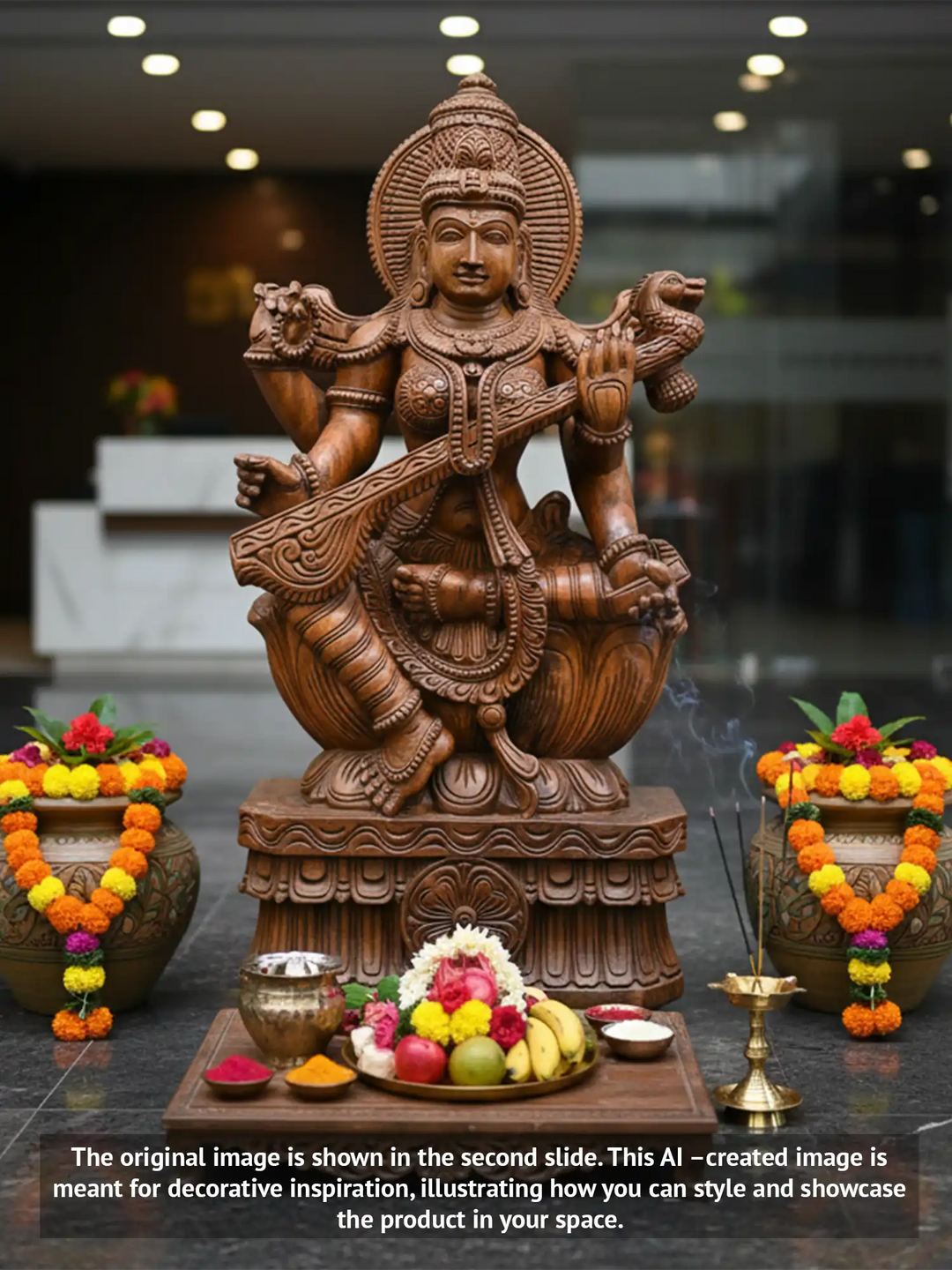 Wooden statue of Goddess Saraswati