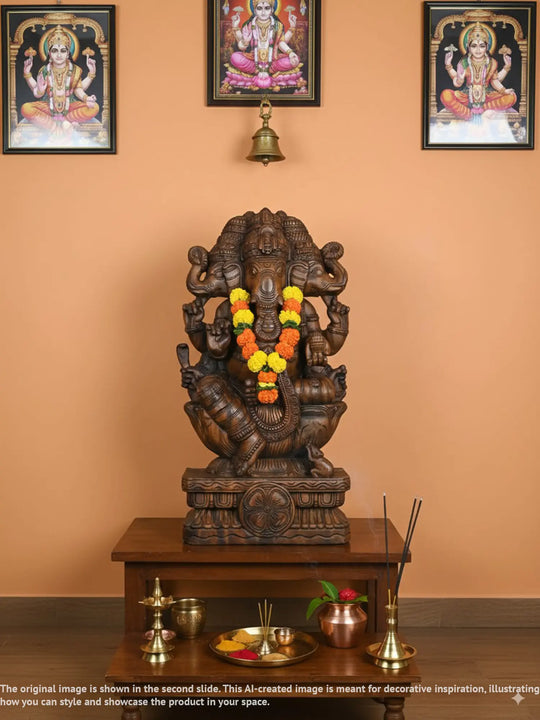 Three-Faced Ganesh Wooden Idol-36"