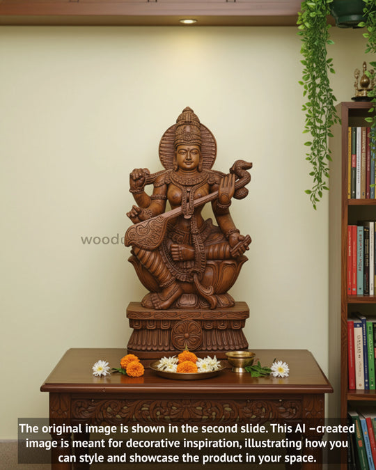 Sculpture of Goddess Saraswathi Gracefully Holding Veena 37"