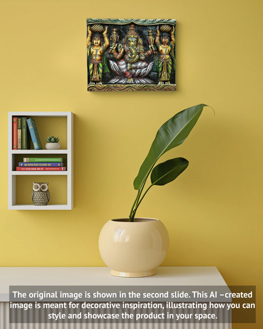 wooden Colorful Panel Ganesh With Attendants  12"