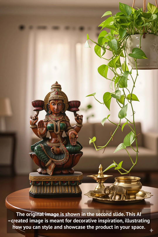 Wooden Devi MahaLakshmi Figurine Seated on Lotus | 24" Home Décor