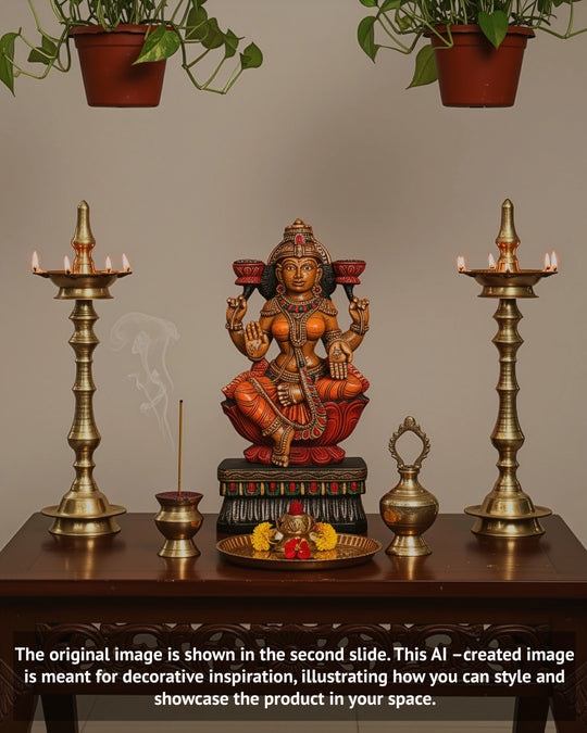 Mahalakshmi Blessing on Lotus Wooden Blessing Sculpture 24"