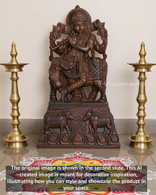 Wooden Lord Krishna Sculpture 34"