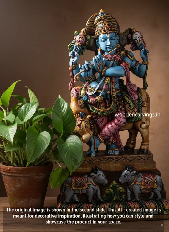 Protector of Animal Cow Lord Murthi Krishna Decor For Your Pooja Room Wooden Handmade Multicoloured Sculpture 36"