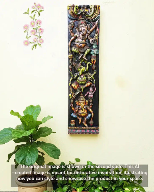 Three Faced Ganesha Carved Wall Panel-48"