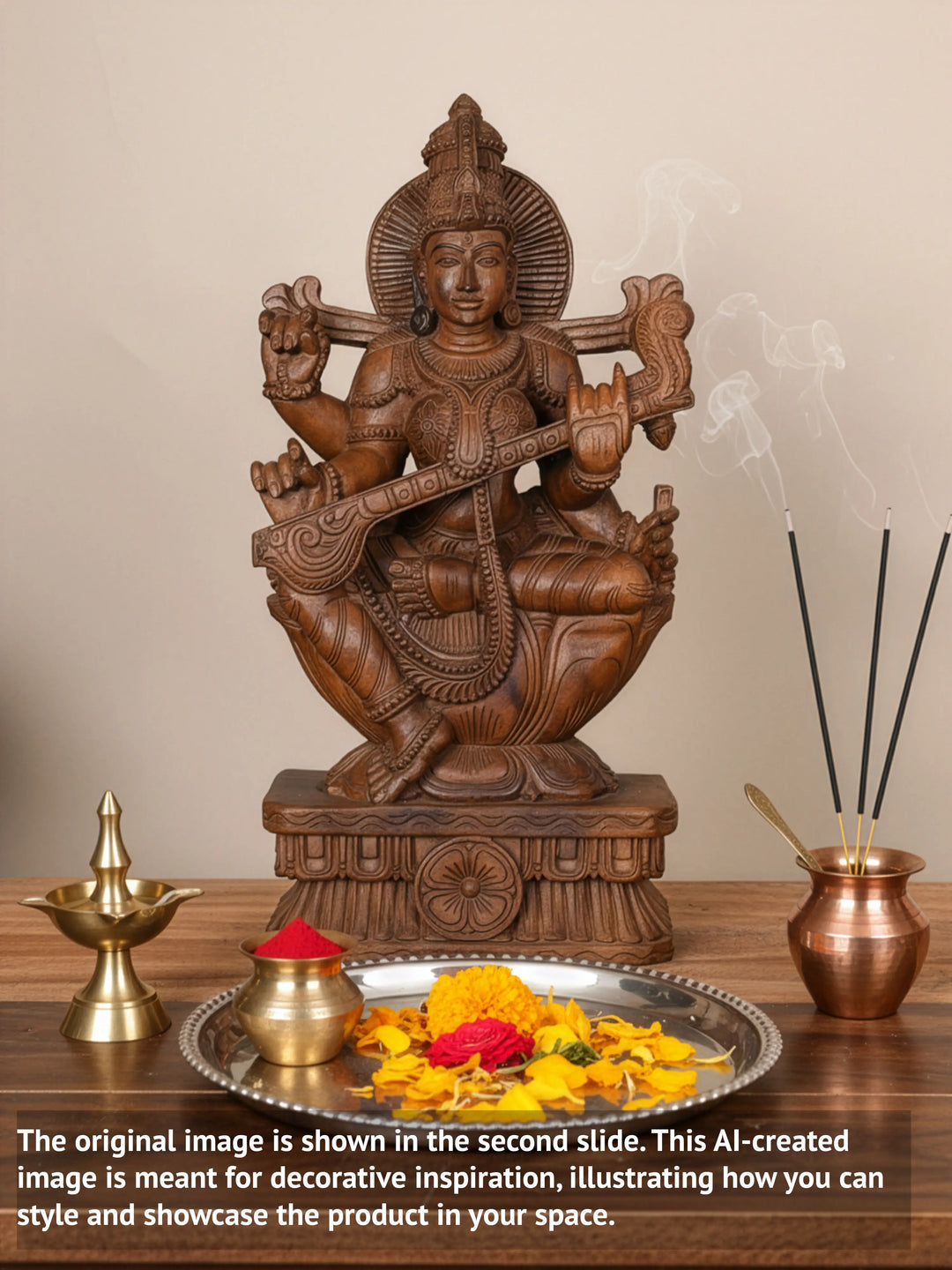 Wooden Goddess Saraswathi statue