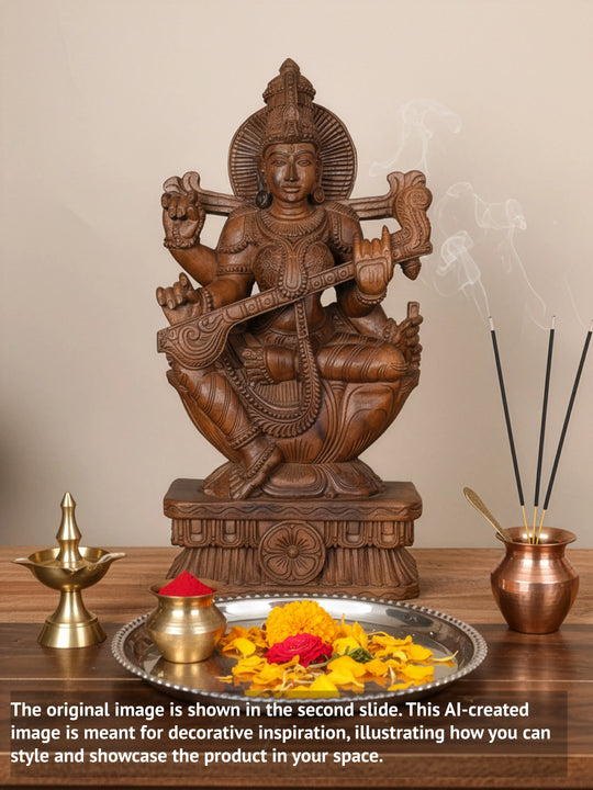 Wooden Goddess Saraswathi statue
