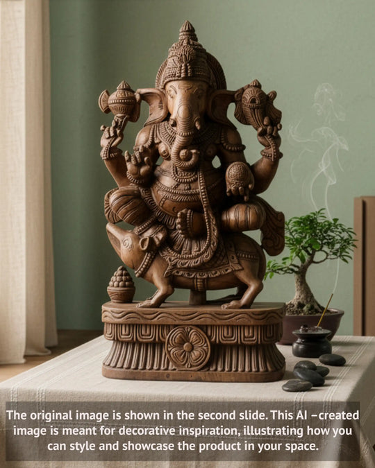 WOODEN GANESHA STATUE SEATED ON MOUSE 30"