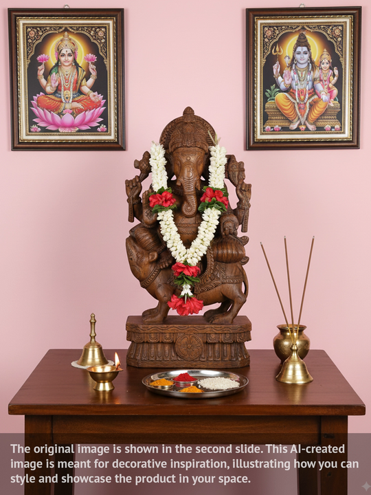 Wooden Ganesh Seated on His Vehicle-36"