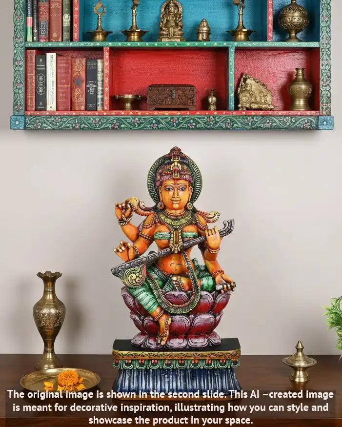 wooden multocoloured saraswathi statue