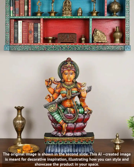 wooden multocoloured saraswathi statue