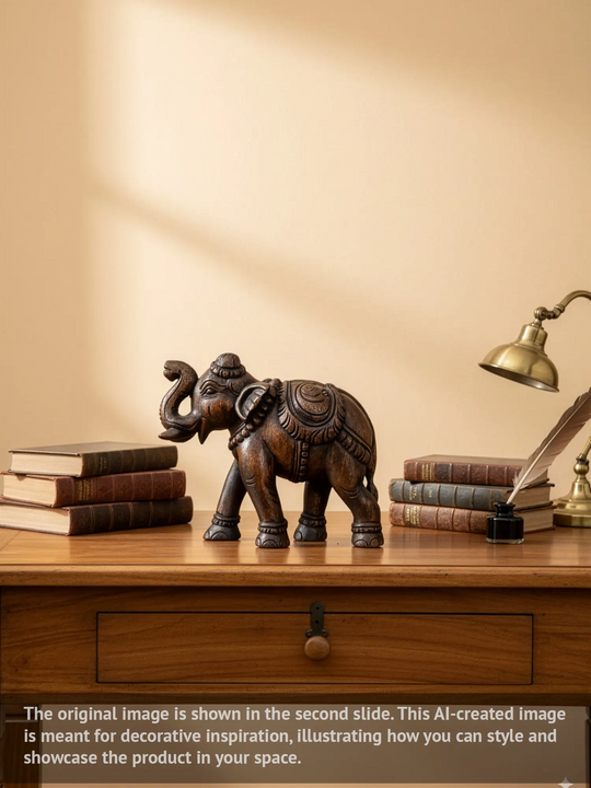 Wooden Standing Upraised Elephant Wax Brown Finishing Showpiece Handcrafted Light Weight Sculpture 12"