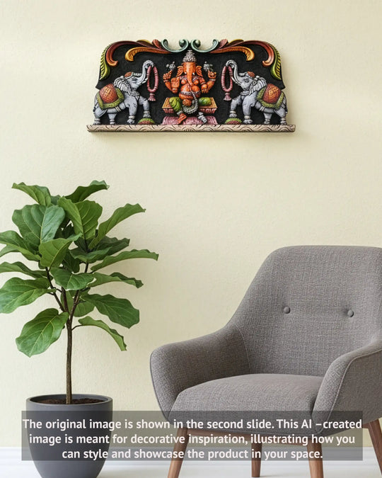 Wooden Vinayaka with elephants wall panel