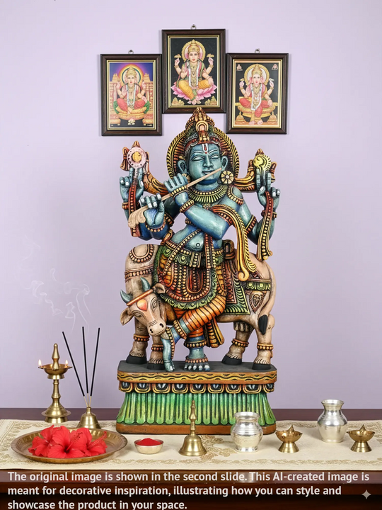 3 Ft Colorful Lord Cow Krishna Statue