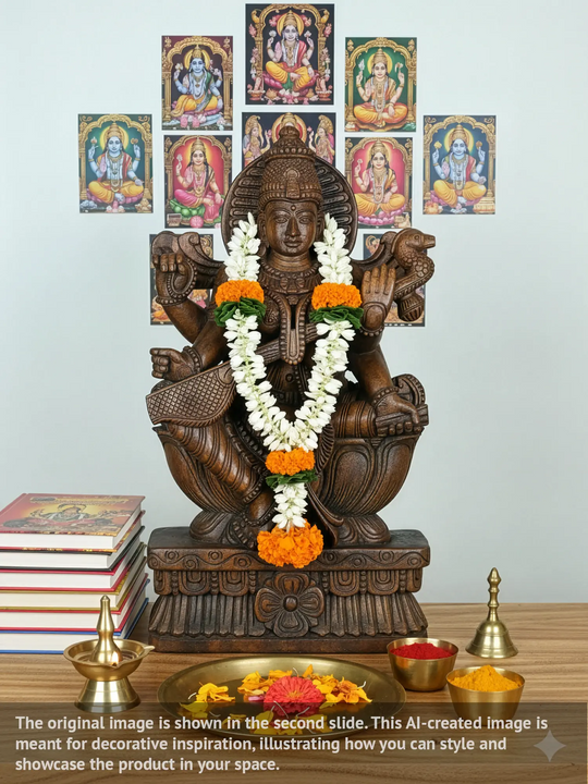 Saraswati Wooden Idol Sitting in Lotus-24"
