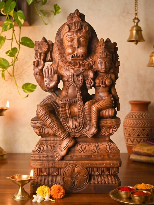 Hand-Carved Wooden Lakshmi Narasimha Sculpture | High-Relief Traditional Idol