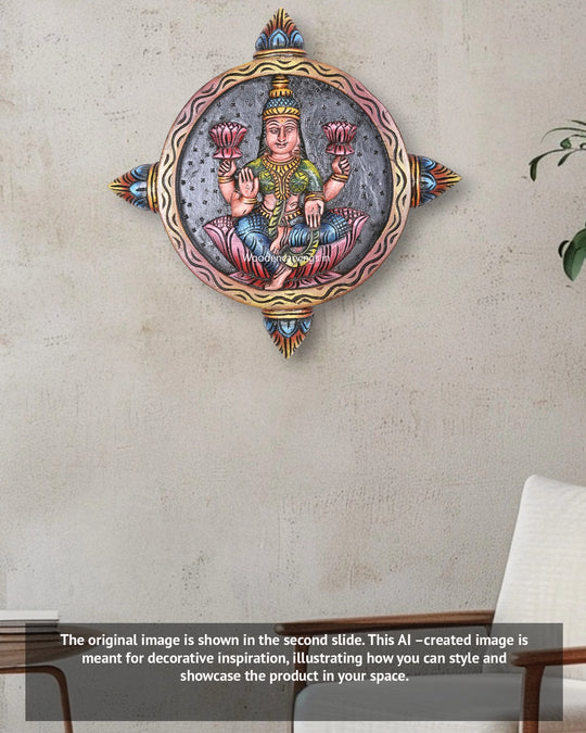 Round Petal Design Light Weight Multicoloured Goddess Lakshmi Handmade Wooden Wall Mount 17"