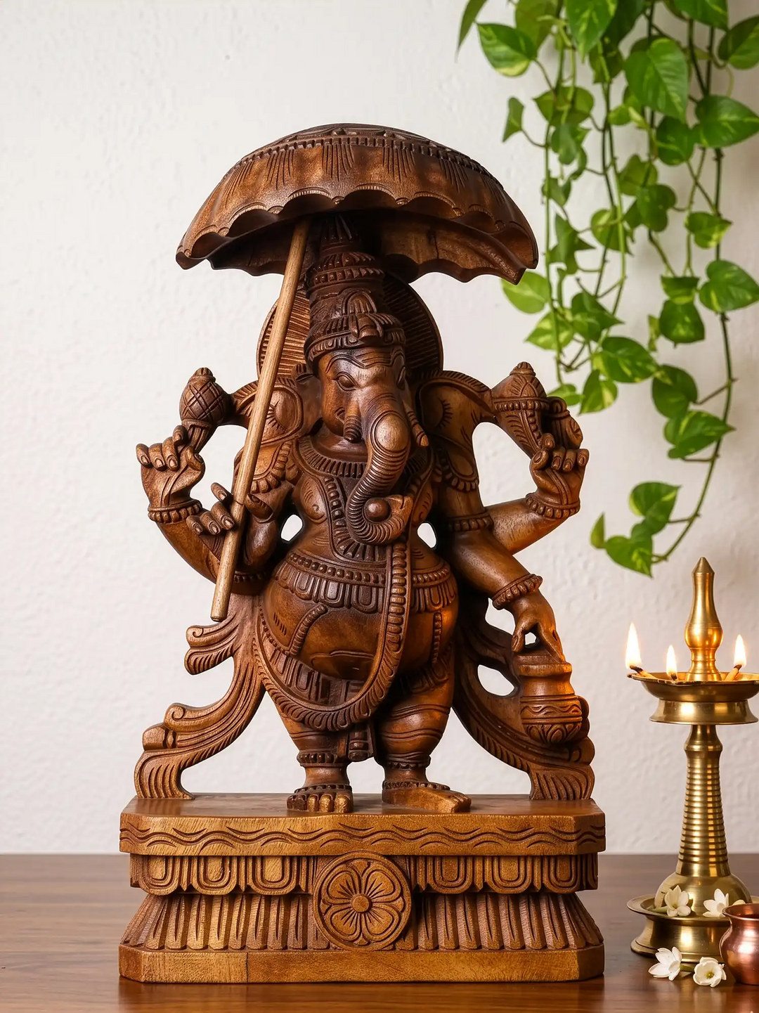 Handcrafted wooden Umbrella Ganesha statue- traditional Indian wood carving for home decor and pooja