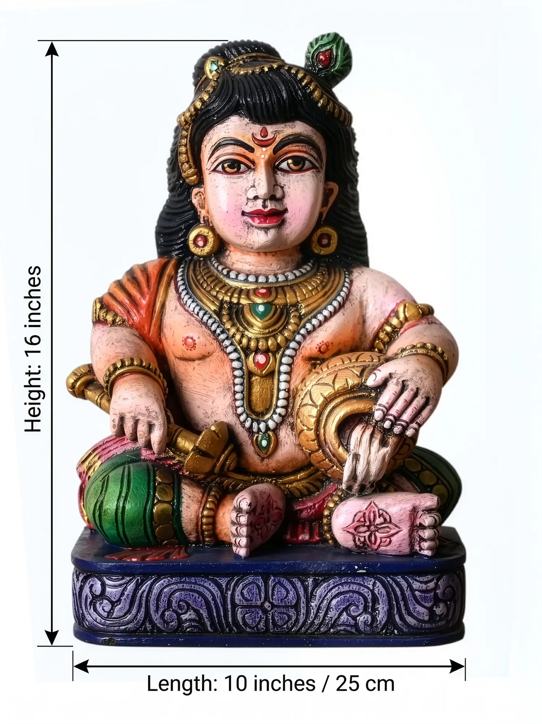 Handcrafted seated multi coloured Krishna wooden statue for home decor 
