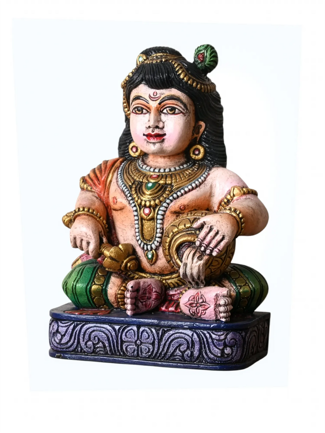 MultiColour Krishna Wooden statue- Handcraved Krishna for Gifting 16''